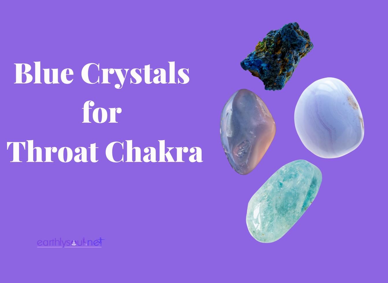 Featured image for blue crystals for throat chakra showing picture of blue lace agate, aquarmarine, blue chalcedony