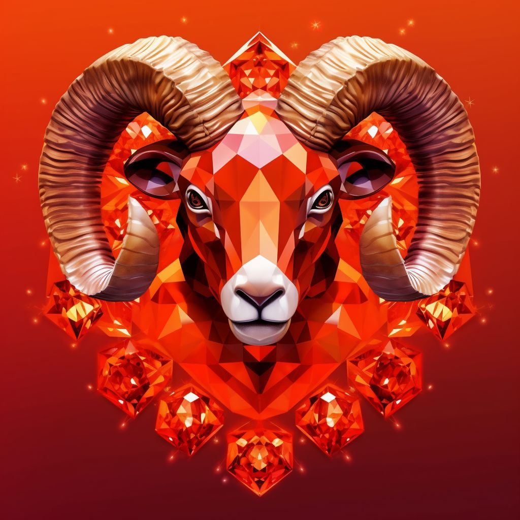 Vibrant aries-associated crystal against a backdrop of the stylized ram symbol