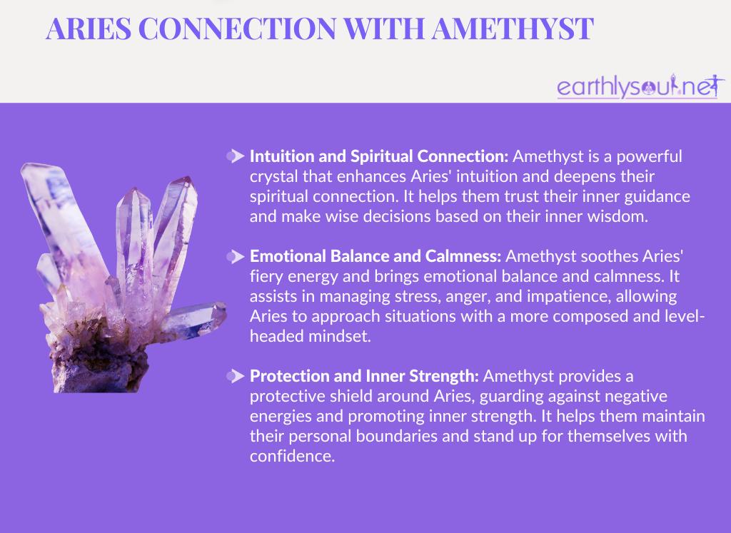 Image of an amethyst crystal with text describing its benefits for aries zodiac sign: intuition, emotional balance, and protection.