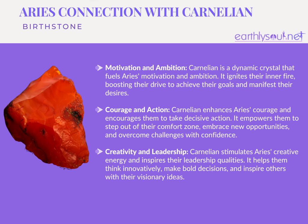 Image of a carnelian crystal with text describing its benefits for aries zodiac sign: motivation, courage, and creativity