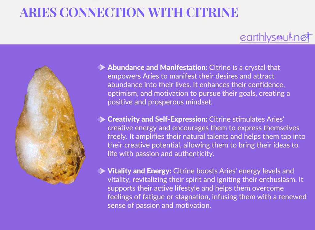 Image of a citrine crystal with text describing its benefits for aries zodiac sign: abundance, creativity, and vitality