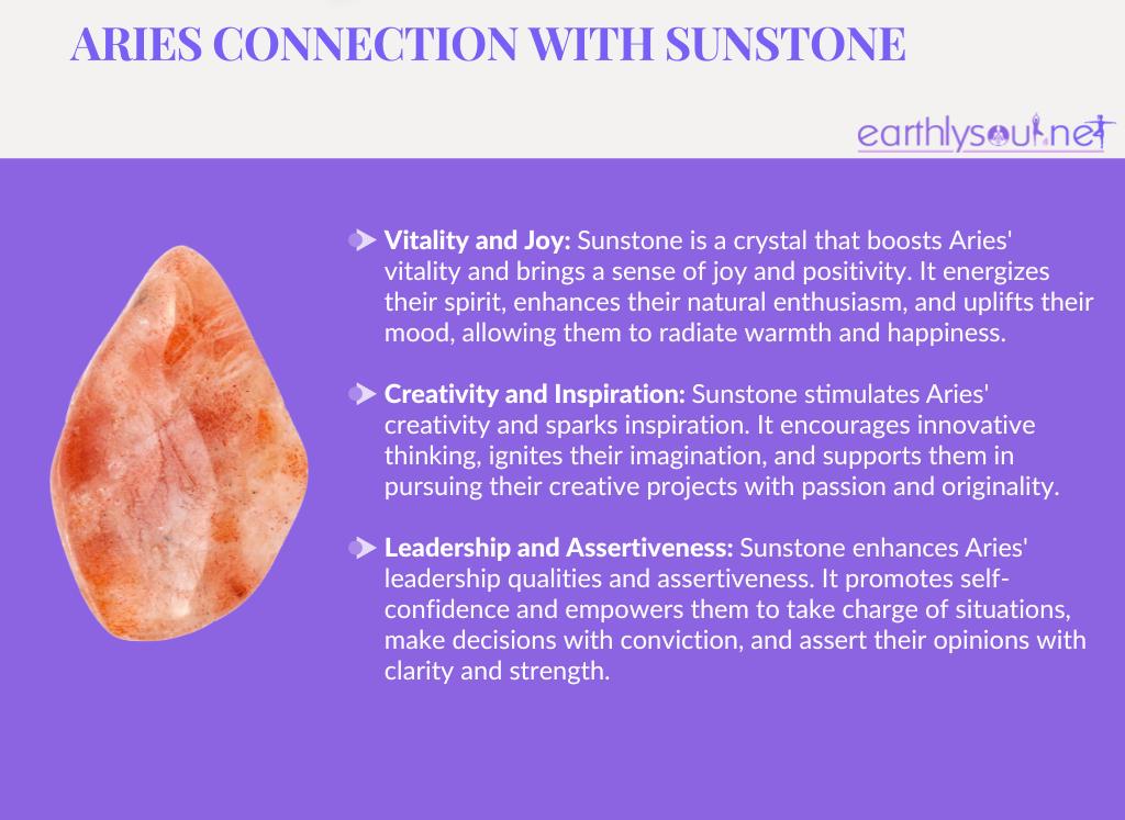 Image of a sunstone crystal with text describing its benefits for aries zodiac sign: vitality, creativity, and leadership