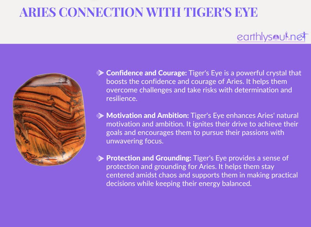Image of a tiger's eye crystal with text describing its benefits for aries zodiac sign: confidence, motivation, and protection