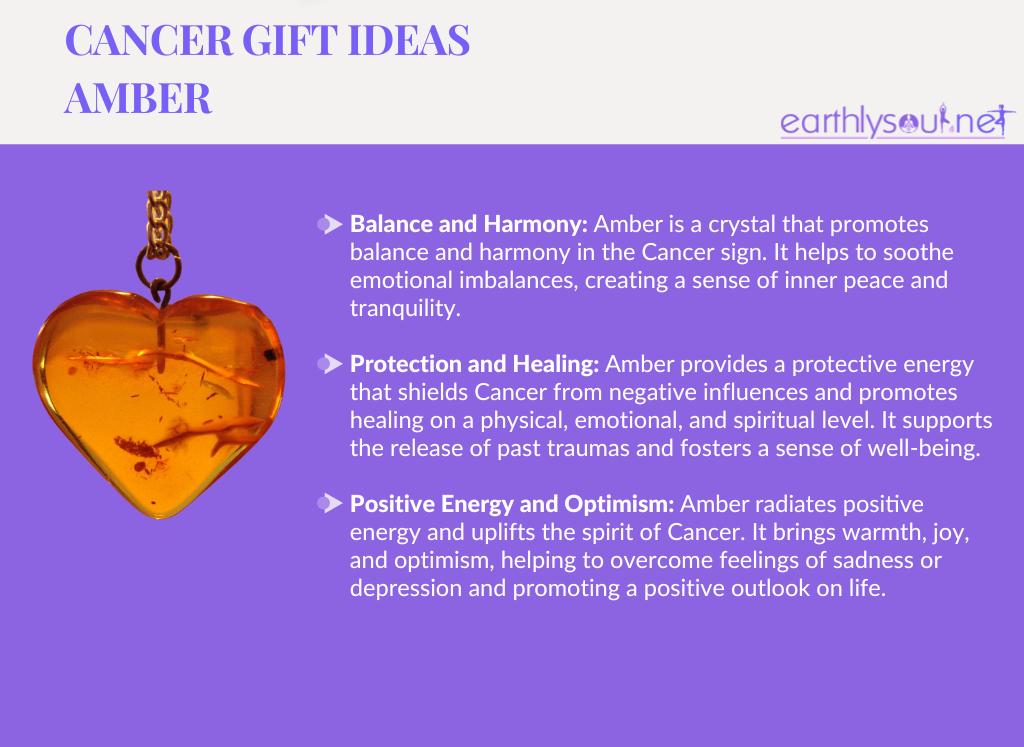 Image of an amber crystal with text describing its benefits for cancer zodiac sign: balance and harmony, protection and healing, positive energy and optimism