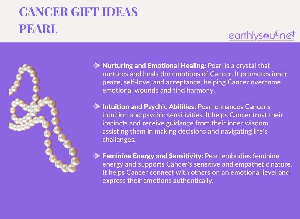 Image of a pearl crystal with text describing its benefits for cancer zodiac sign: nurturing and emotional healing, intuition and psychic abilities, feminine energy and sensitivity