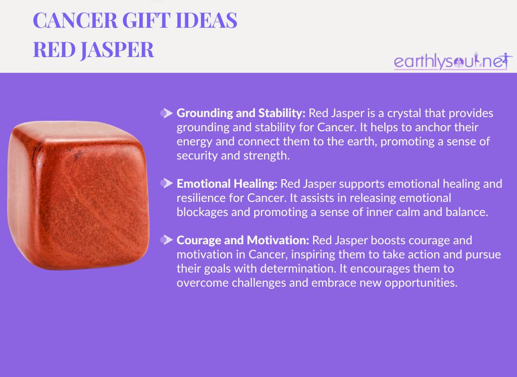 Image of a red jasper crystal with text describing its benefits for cancer zodiac sign: grounding and stability, emotional healing, courage and motivation