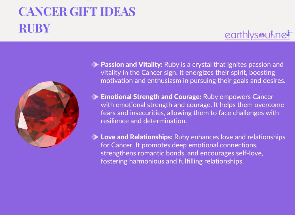 Image of a ruby crystal with text describing its benefits for cancer zodiac sign: passion and vitality, emotional strength and courage, love and relationships