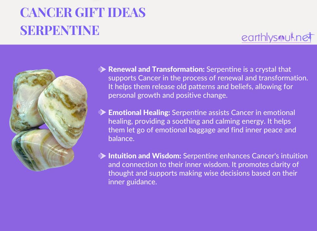 Image of a serpentine crystal with text describing its benefits for cancer zodiac sign: renewal and transformation, emotional healing, intuition and wisdom