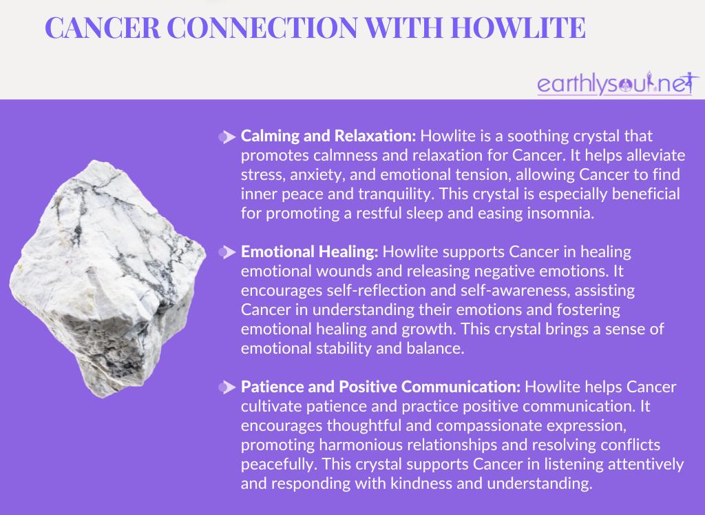 Image of a howlite crystal with text describing its benefits for cancer zodiac sign: calming and relaxation, emotional healing, and positive communication