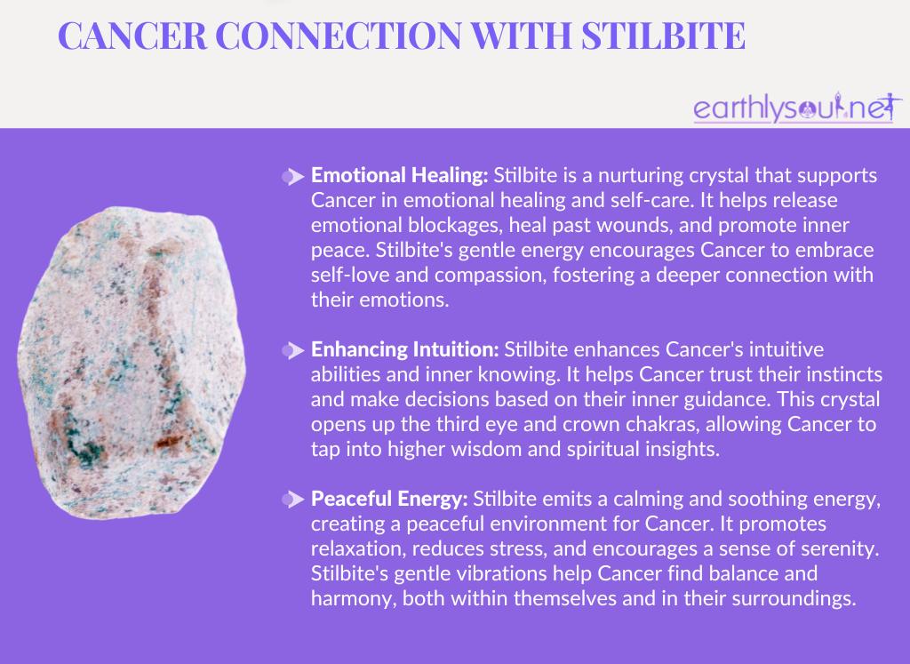 Image of a stilbite crystal with text describing its benefits for cancer zodiac sign: emotional healing, enhanced intuition, and peaceful energy
