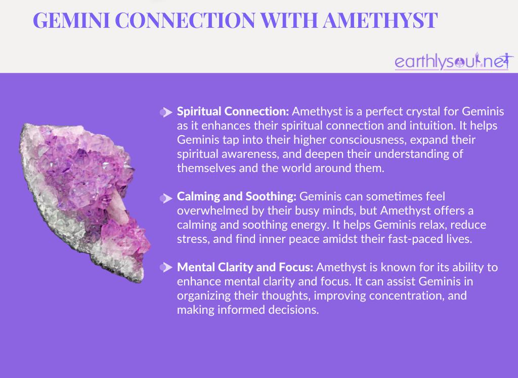 Amethyst for geminis: spiritual connection, calming and soothing, mental clarity and focus