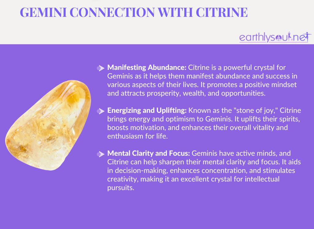 Citrine for geminis: manifesting abundance, energizing and uplifting, mental clarity and focus