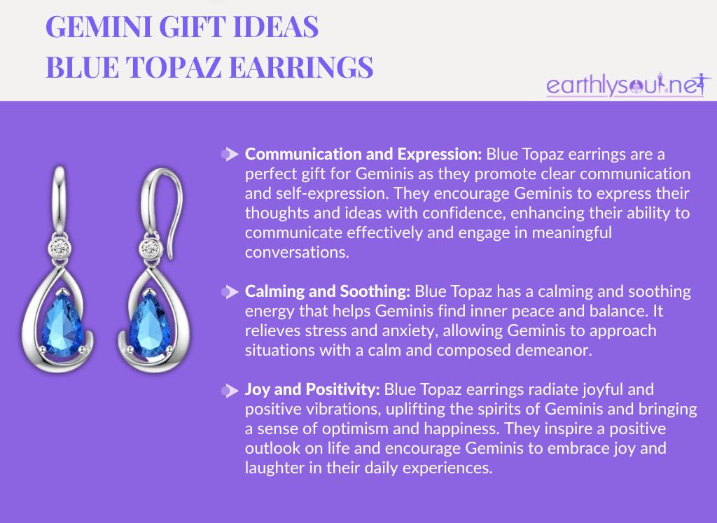 Blue topaz earrings for gemini: communication and expression, calming and soothing, joy and positivity