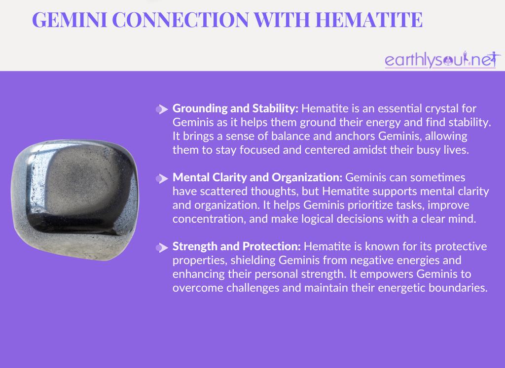 Hematite for geminis: grounding and stability, mental clarity and organization, strength and protection