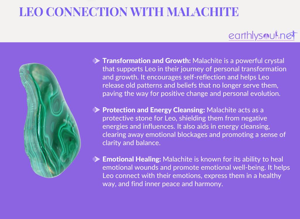 Malachite for leo: transformation and growth, protection and energy cleansing, emotional healing