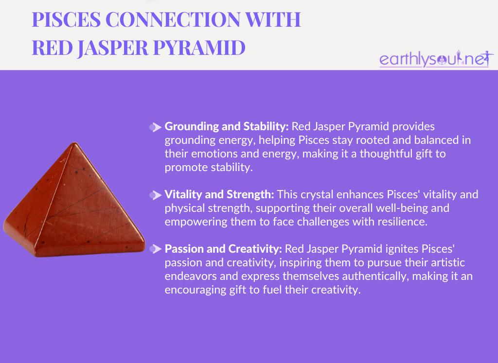 Red jasper pyramid for pisces: grounding and stability, vitality and strength, and passion and creativity