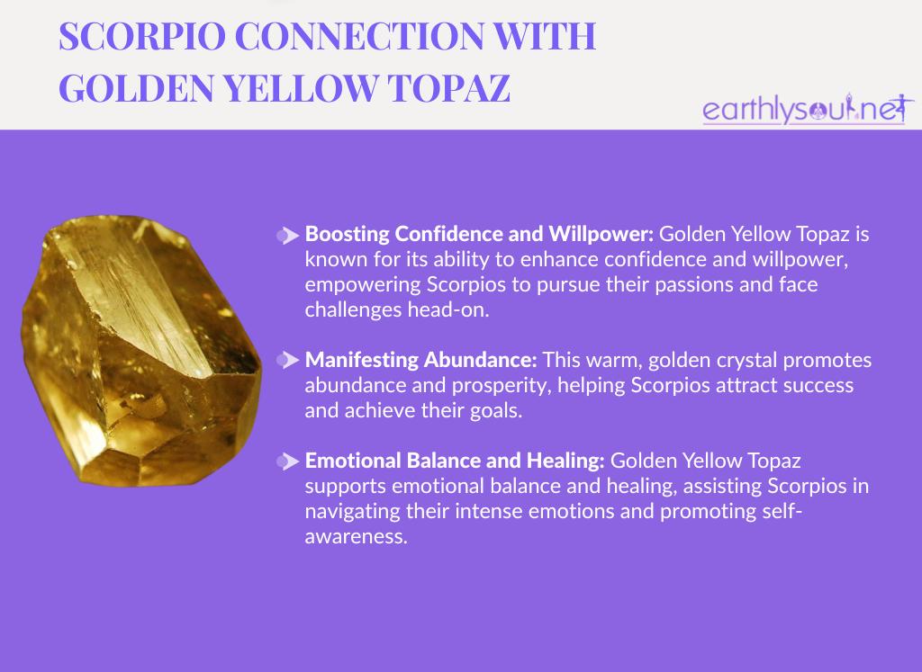 Golden yellow topaz for scorpio: boosting confidence and willpower, manifesting abundance, and emotional balance and healing