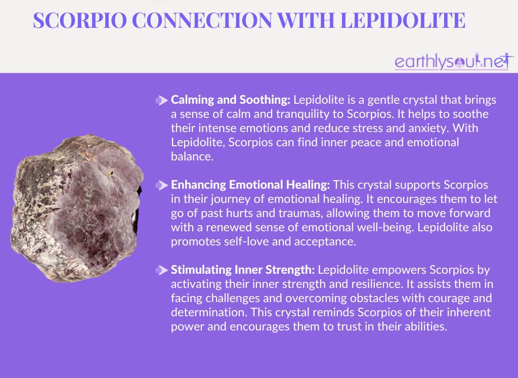 Lepidolite for scorpio: calming and soothing, enhancing emotional healing, stimulating inner strength