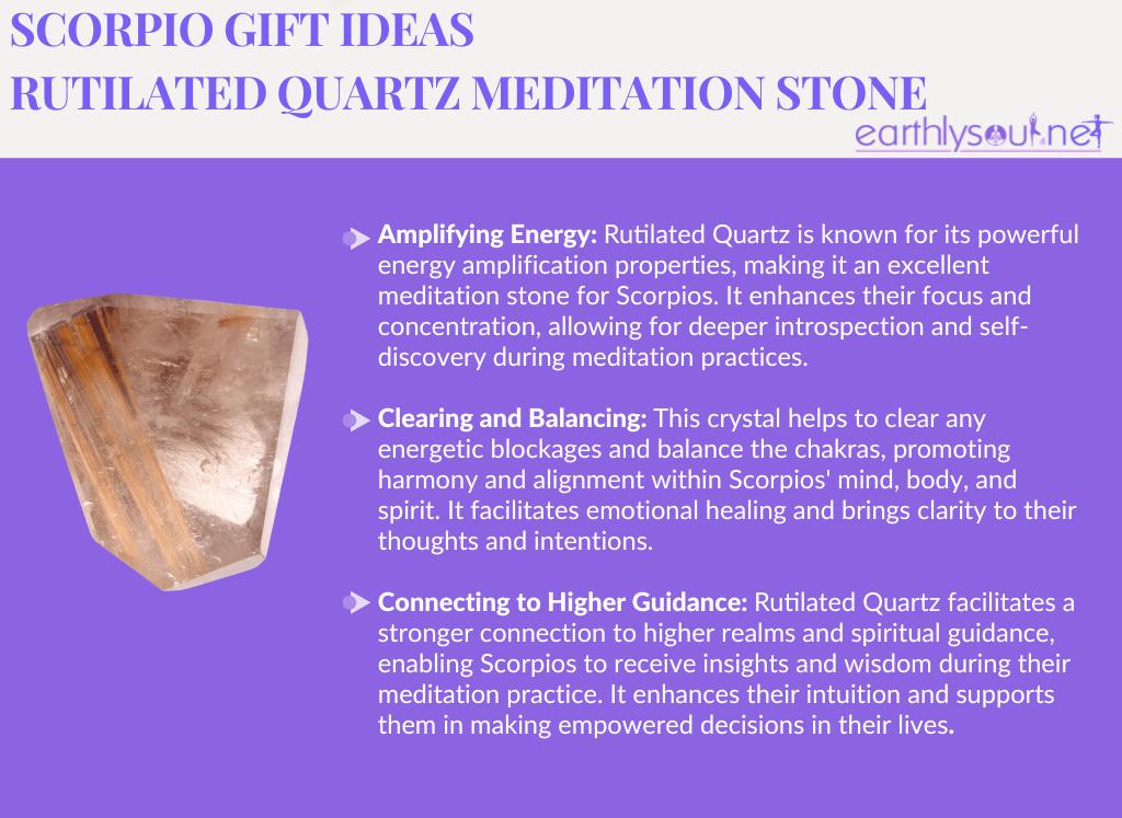 Rutilated quartz meditation stone for scorpio: amplifying energy, clearing and balancing, and connecting to higher guidance