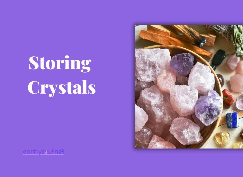 Storing crystals with picture of crystals in wooden bowl