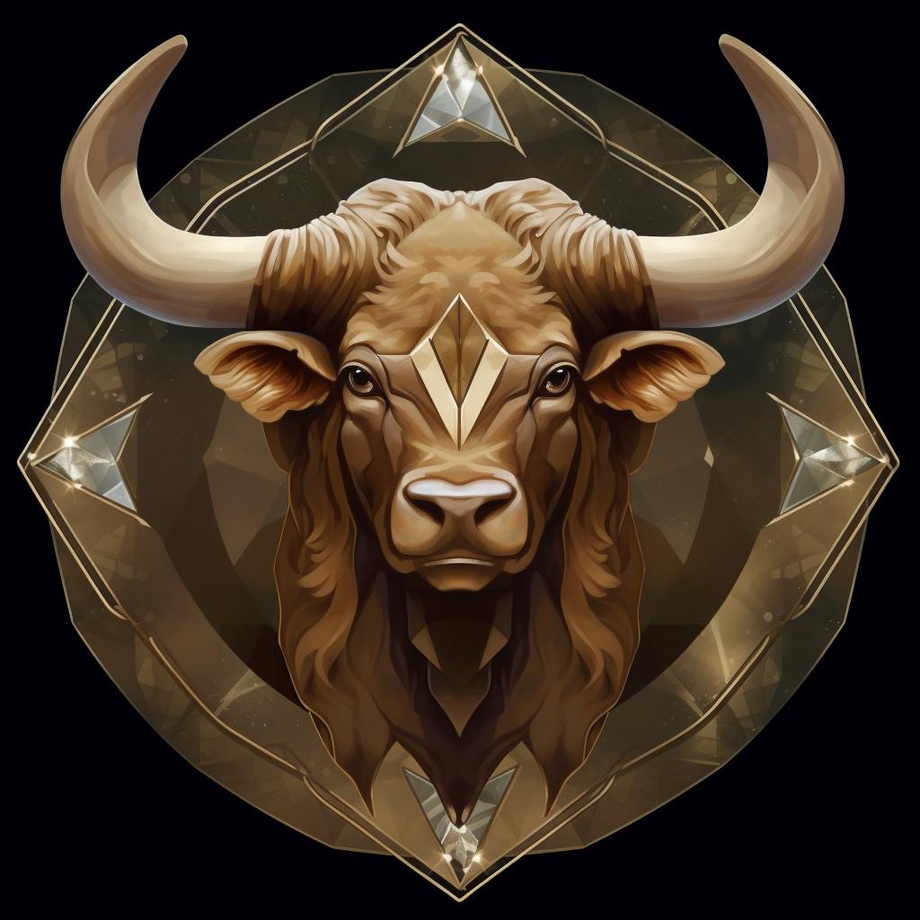 Earthy taurus-associated crystal against a backdrop of the stylized bull symbol