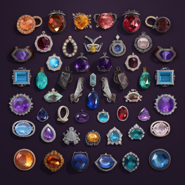 Assortment of crystal jewelry made from garnet, ruby, amethyst, citrine, and blue topaz