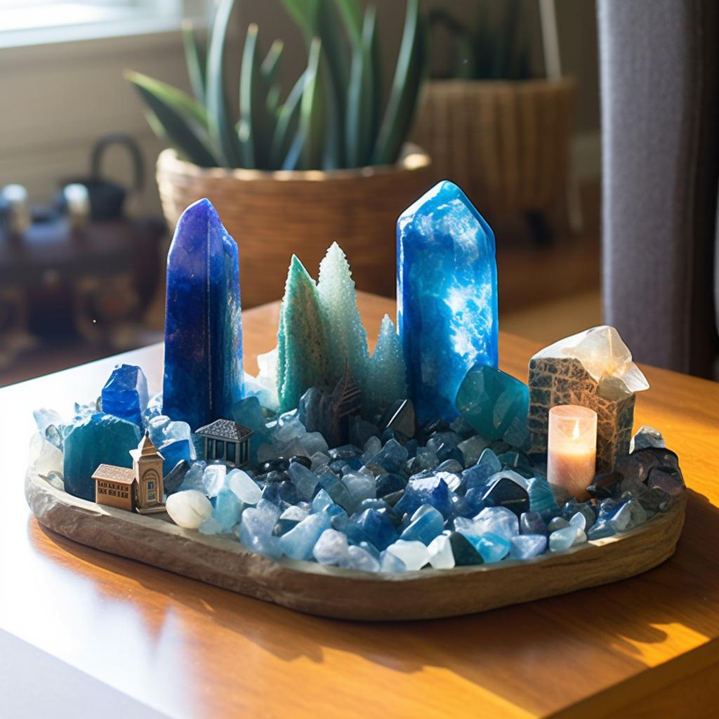 Raw, unpolished blue healing stones arranged as home decoration