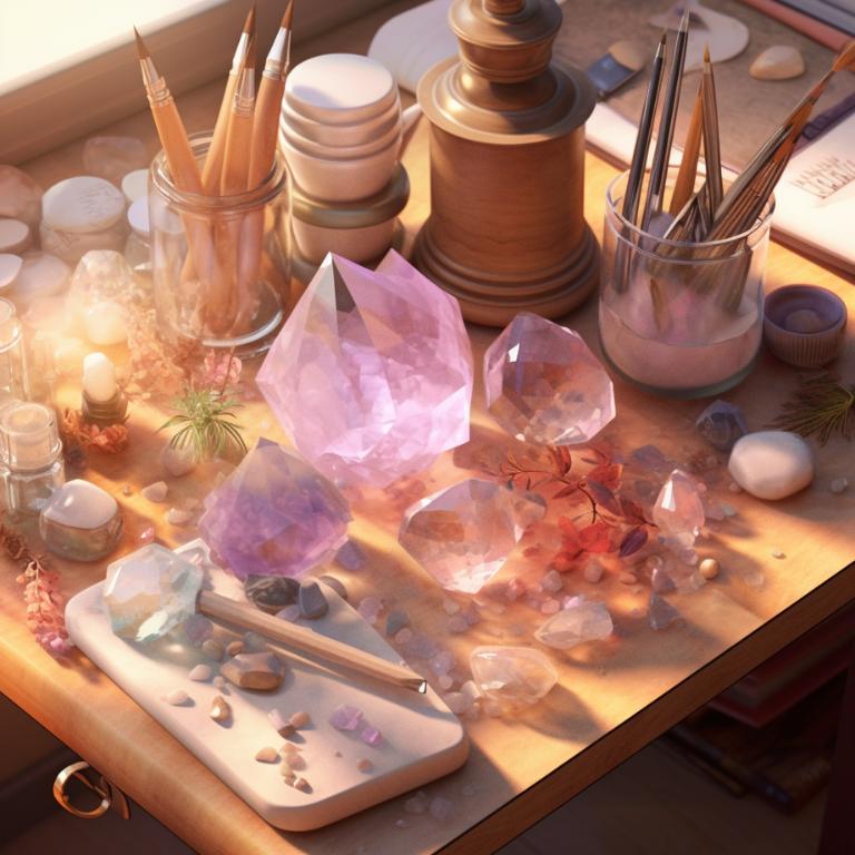 A sketch of cleansing and charging crystals with quartz and seleite on a wooden table