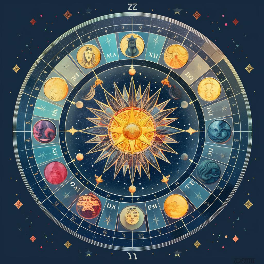 Image of imaginary zodiacs circling around a sun like compass in the middle