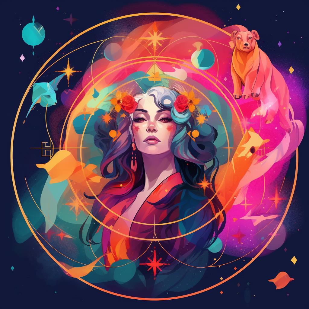 Mythical type women amongst in the middle of a cosmic style background