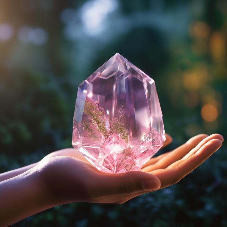 Healing crystal being placed on a person's hand, glowing softly in a tranquil setting, symbolizing physical healing properties
