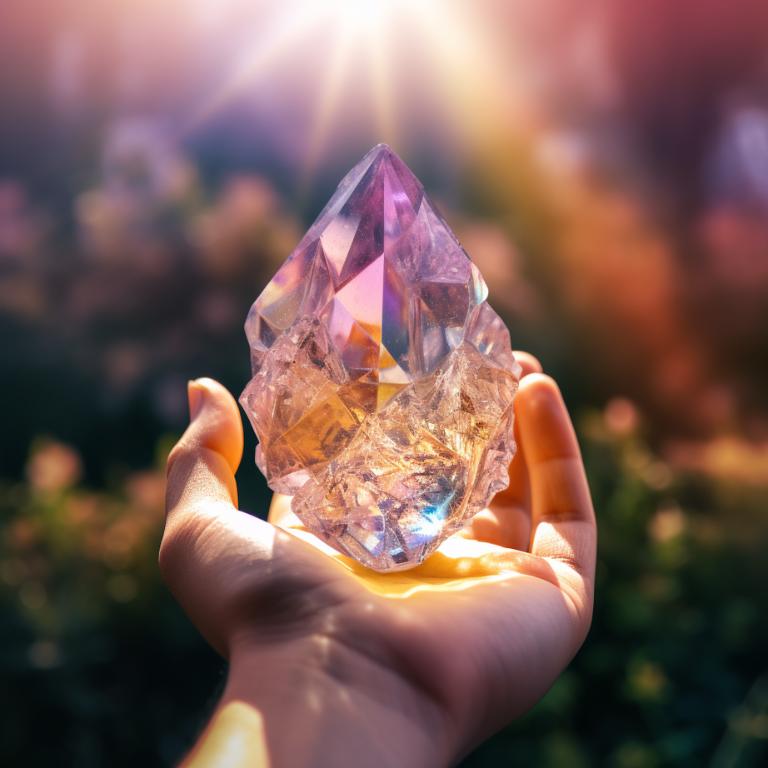 Hand holding a glowing crystal in a tranquil setting, symbolizing support for mental health
