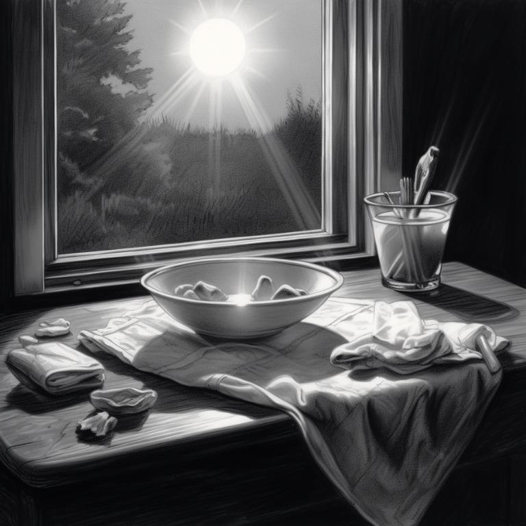 Sketch of crystals being cleansed on a table, with a moonlit window for recharging