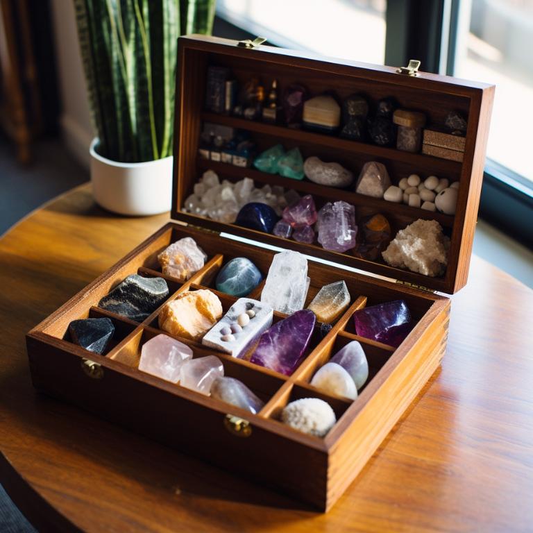 Collection of amethyst, rose quartz, clear quartz, citrine, and obsidian stored in a beautifully carved wooden box
