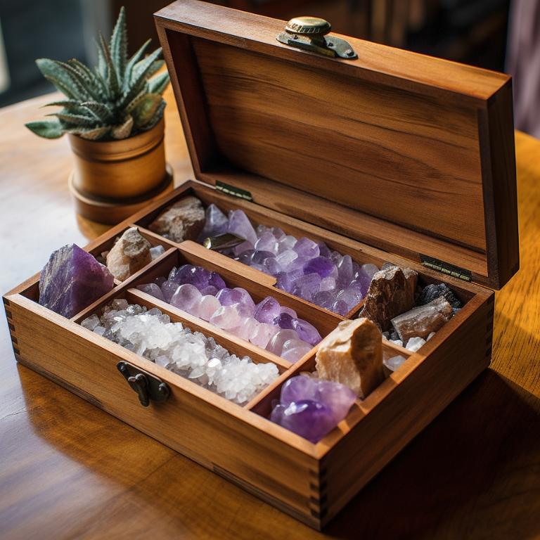 Wooden jewelry box with compartments filled with unpolished crystals