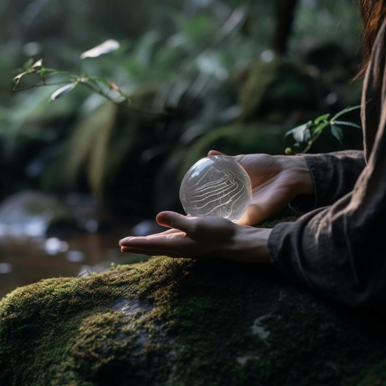 Person in serene setting holding a glowing crystal, symbolizing enhancement of personal energy and well-being