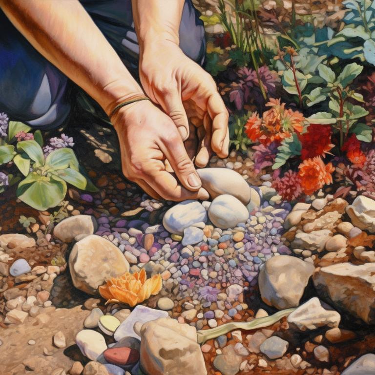 A sketch of hands burying crystals in the earth for cleansing and charging