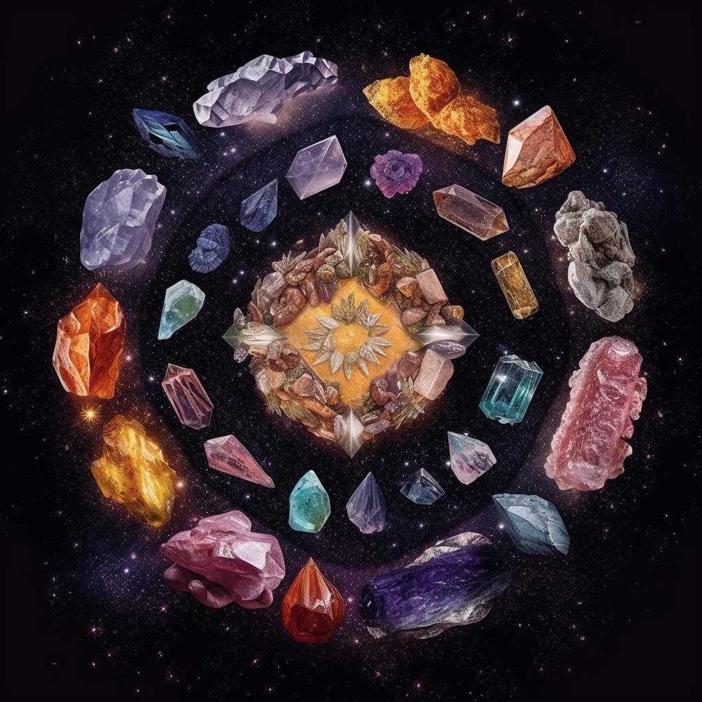 Variety of ancient crystals on a parchment background with symbols of various cultures and religions, and a human hand reaching towards them