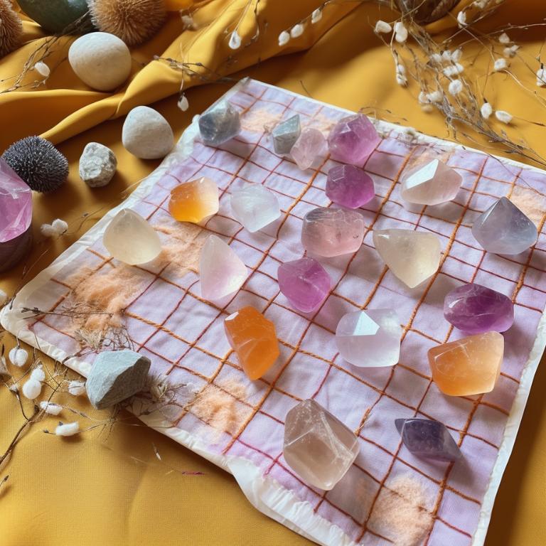 Intricate crystal grid layout with clear quartz, rose quartz, amethyst, citrine, and selenite on a grid cloth