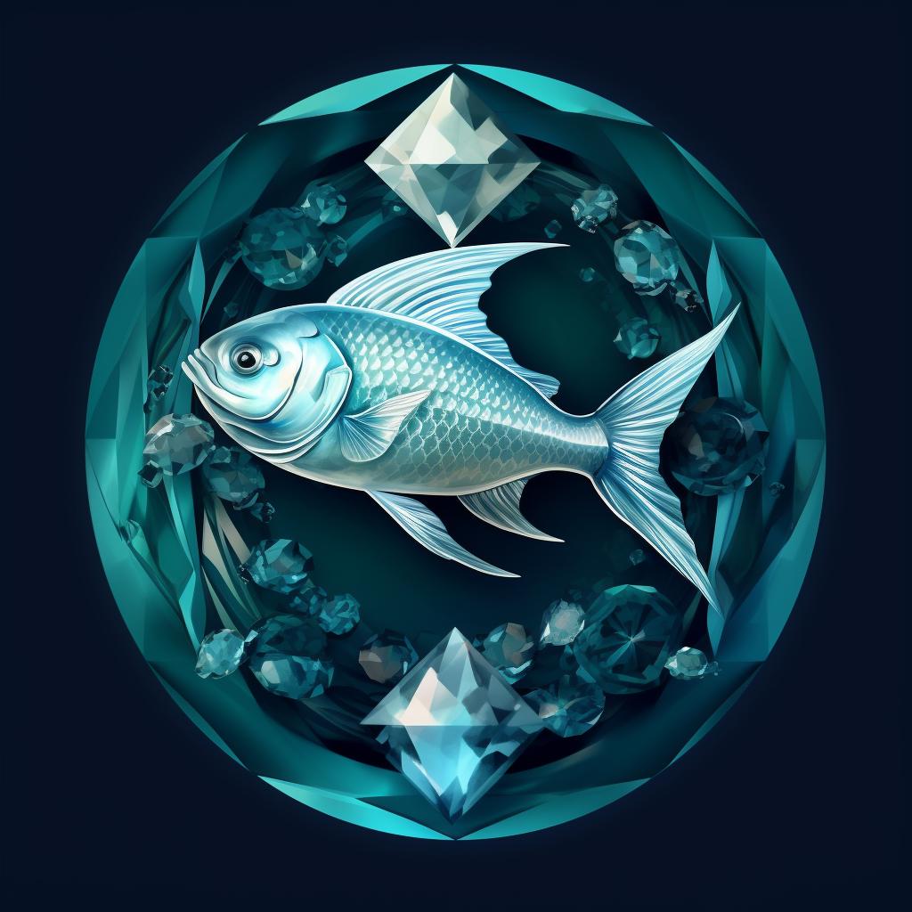 Intuitive pisces-associated crystal against a backdrop of the stylized fishes symbol