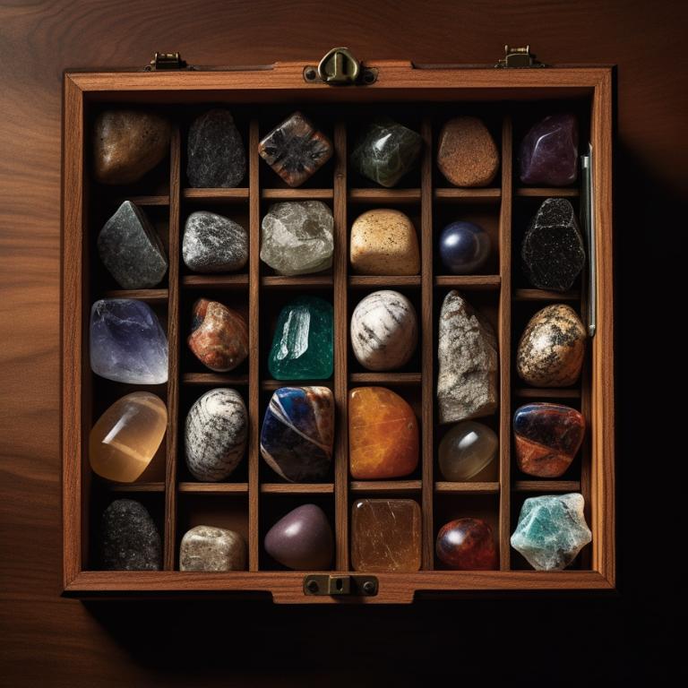 Elegant wooden box storing various types of crystals, grouped by size, hardness, and texture, in a safe, dry indoor environment