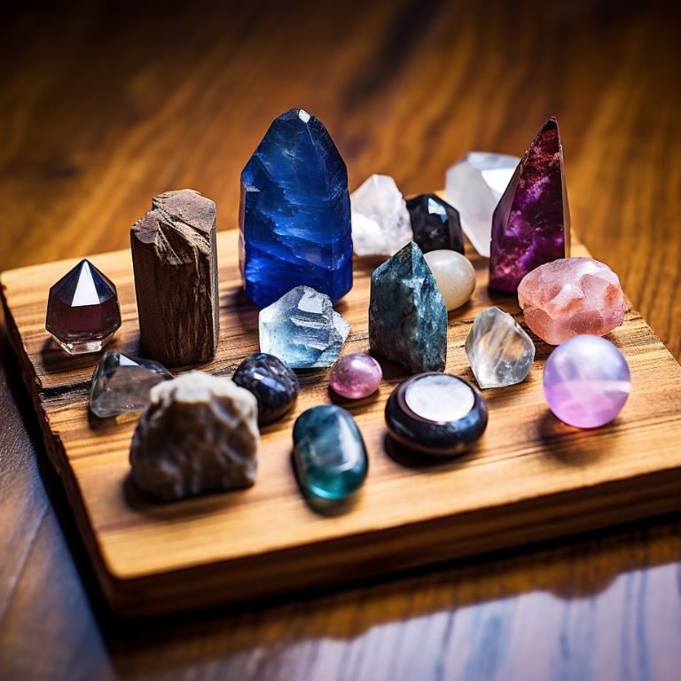 Photograph taken of clear quartz, rose quartz, amethyst, labradorite, black obsidian, blue tourmaline, kyanite on a wooden board