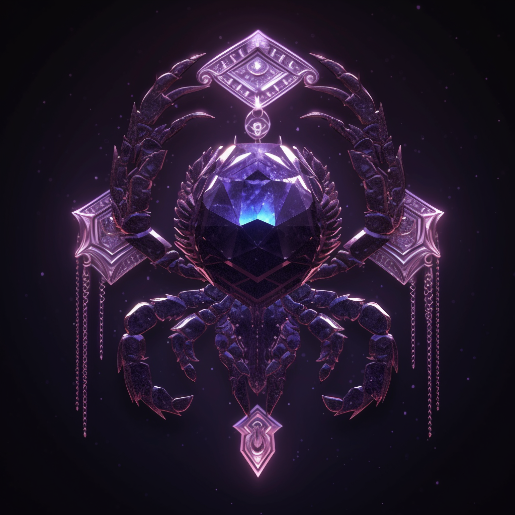 Transformative scorpio-associated crystal against a backdrop of the stylized scorpion symbol