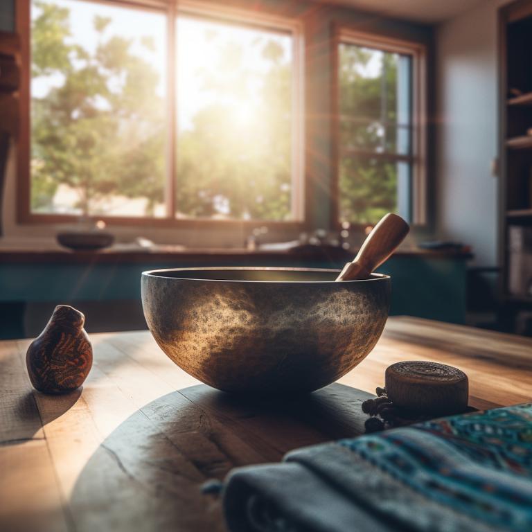 Picture of a singing bowl on a worktop with sunlight in the background
