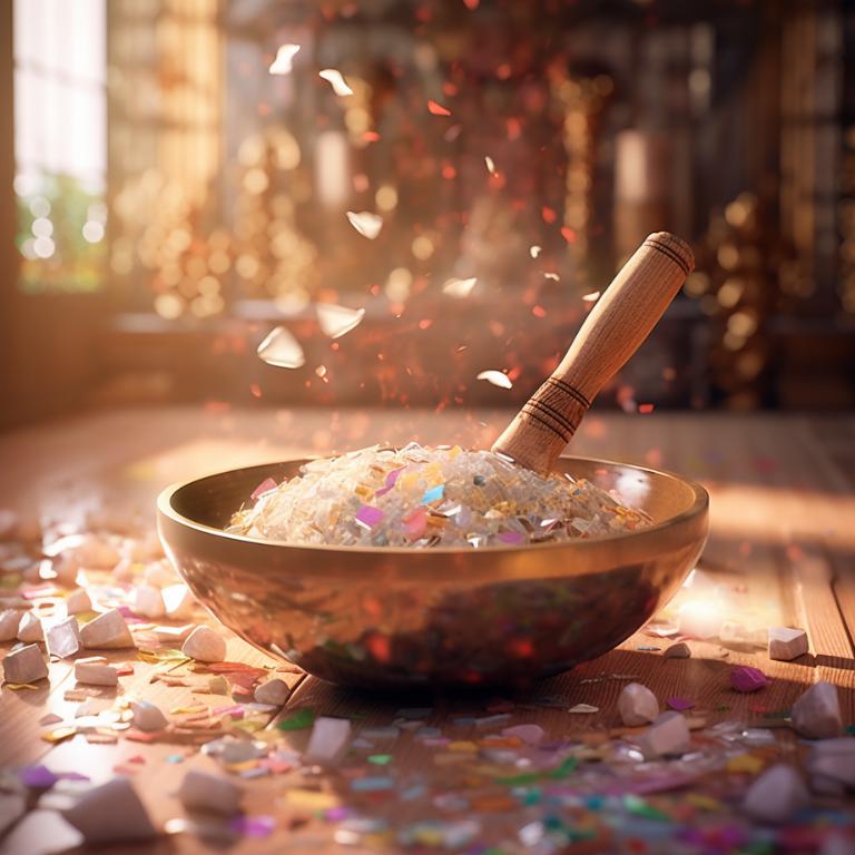 Tibetan singing bowl and crystals during a sound bath ritual