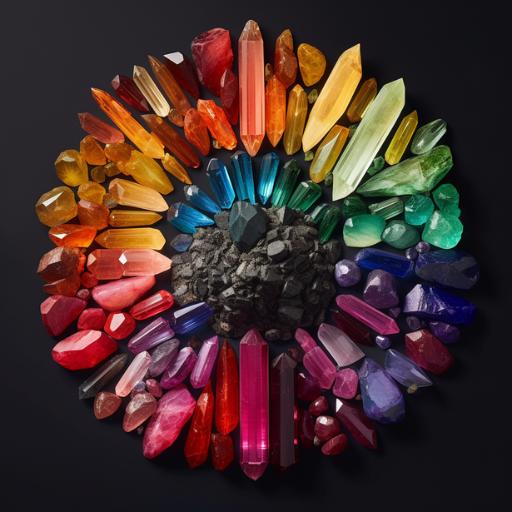 A variety of vibrant, multi-colored crystals arranged in a spectrum, symbolizing the association of color with zodiac crystals