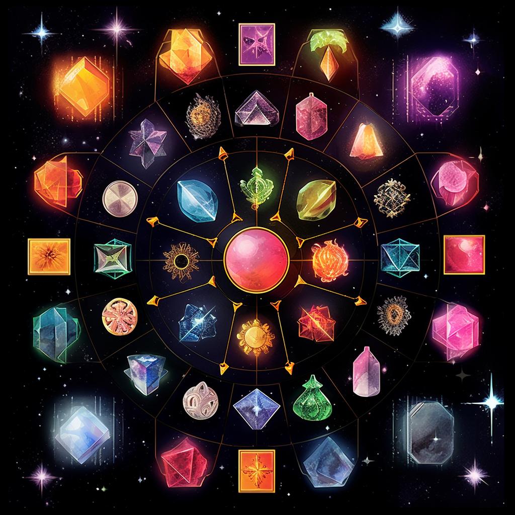 Various zodiac crystals radiating unique energies against a starry cosmic background