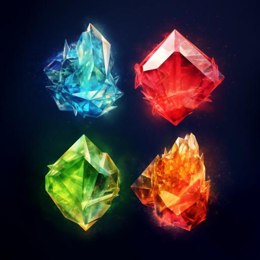 Four distinct crystals, each representing one of the four elements: fire, earth, air, and water, symbolizing the elemental association with zodiac crystals