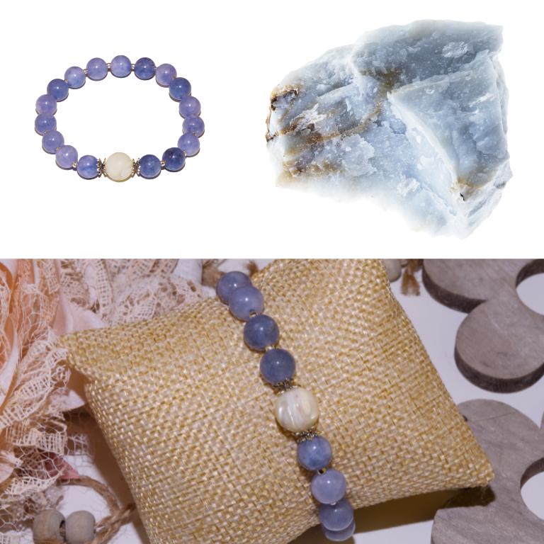 Angelite bracelet and crystal display