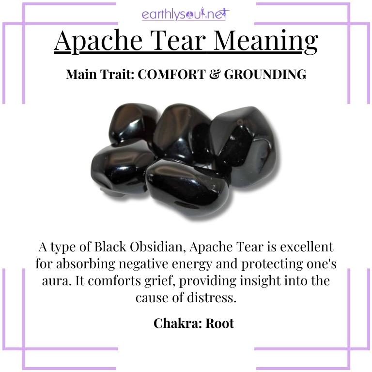 Shiny apache tear stone for grounding and emotional comfort, known for its protective properties